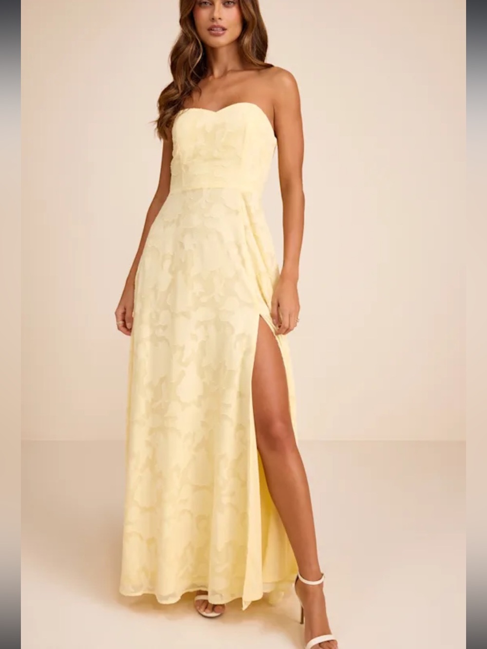 Lulu's Strapless Pale Yellow Floral Appliqué Gown with Side Slit